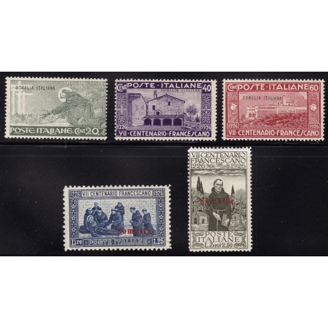 1926 San Francesco. Francobolli d'Italia n. 192, 194, 195, 197 e 199 soprastampati (il n. 85 in colore cambiato)