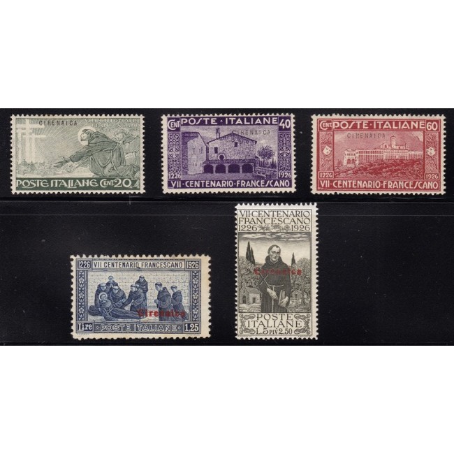 1926 San Francesco. Francobolli d'Italia n. 192, 194, 195, 197 e 199 soprastampati (il n. 85 in colore cambiato)