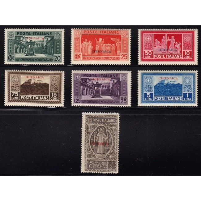 1929 Montecassino. Francobolli d'Italia n. 262-68 in colori cambiati, soprastampati