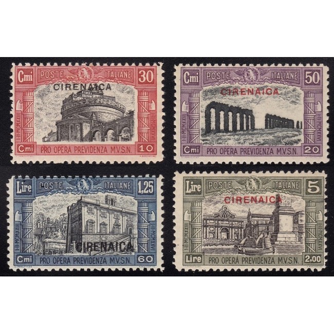 1929 Milizia II. Francobolli d'Italia n. 220-23 in colori cambiati, soprastampati