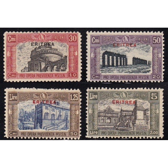 1929 Milizia II. Francobolli d'Italia n. 220-23 in colori cambiati, soprastampati