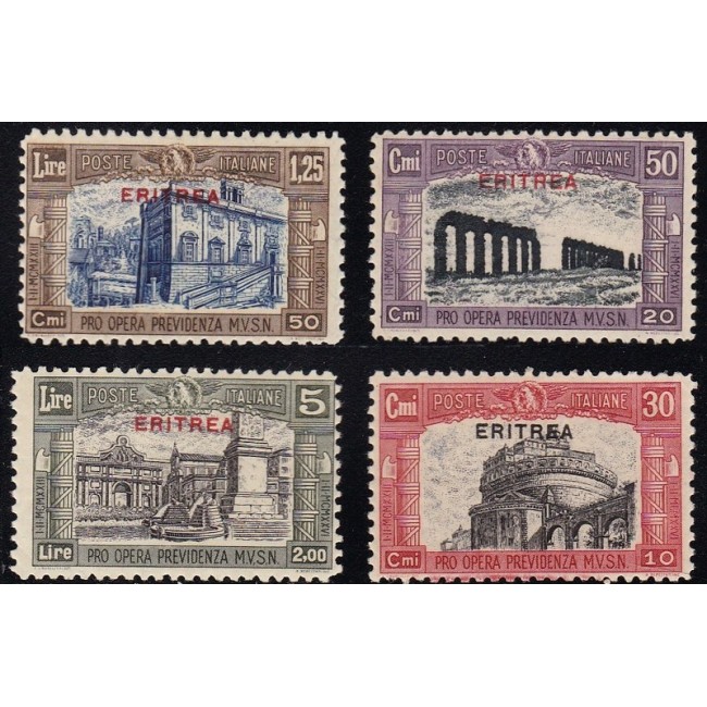 1929 Milizia II. Francobolli d'Italia n. 220-23 in colori cambiati, soprastampati