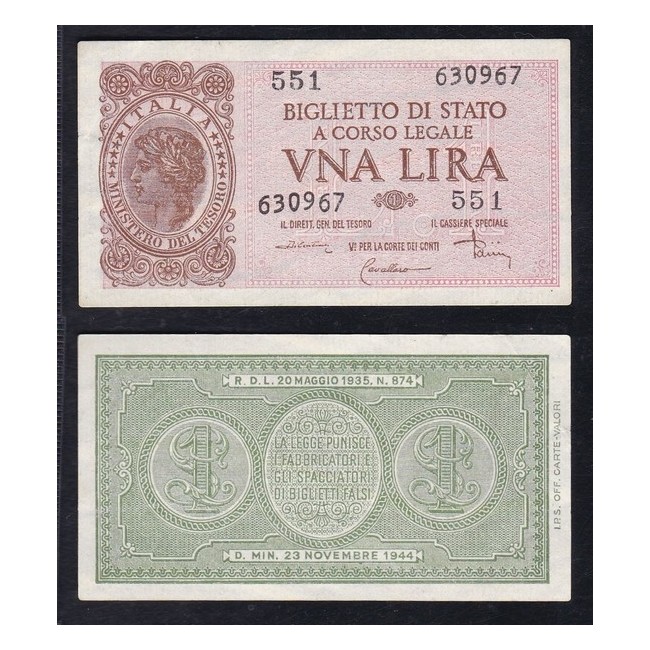 Biglietti di stato 1 Lira 1944 Italia Laureata