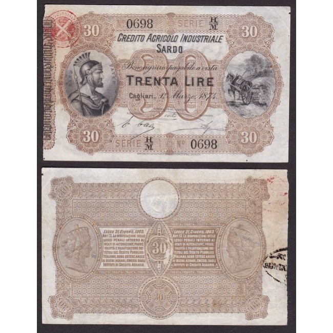 Credito Agricolo Industriale Sardo 30 Lire 1874