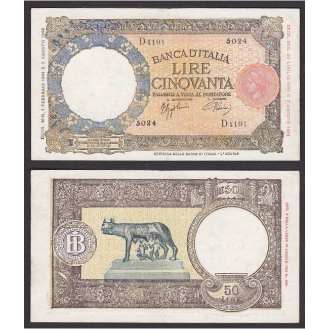 Biglietti di banca 50 Lire 1944 Lupetta capitolina  B.I.