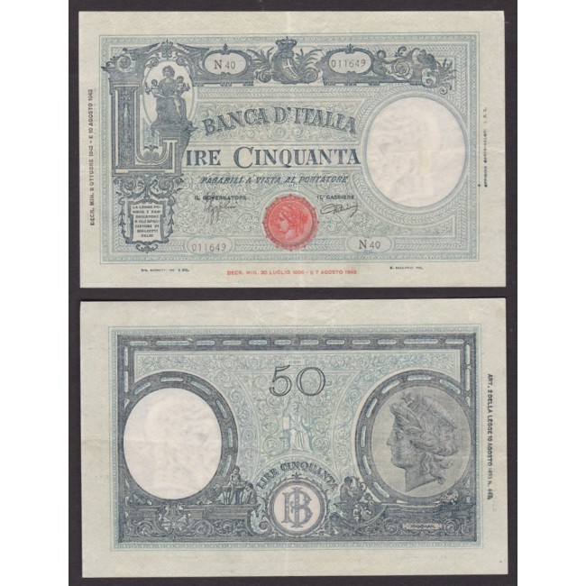 Biglietti di banca 50 Lire 1943 Grande "L" B.I.
