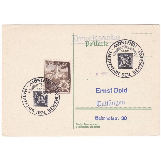 Germania Reich 1939 - Cartolina postale affrancata con Soccorso invernale e annullo commemorativo